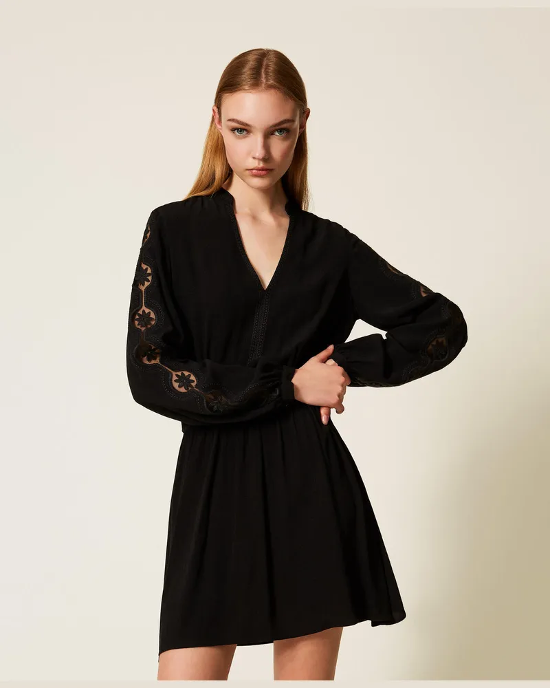 Twin-Set Kleider - Kurzes Kleid aus Krepp mit Stickerei, Schwarz, Größe Schwarz