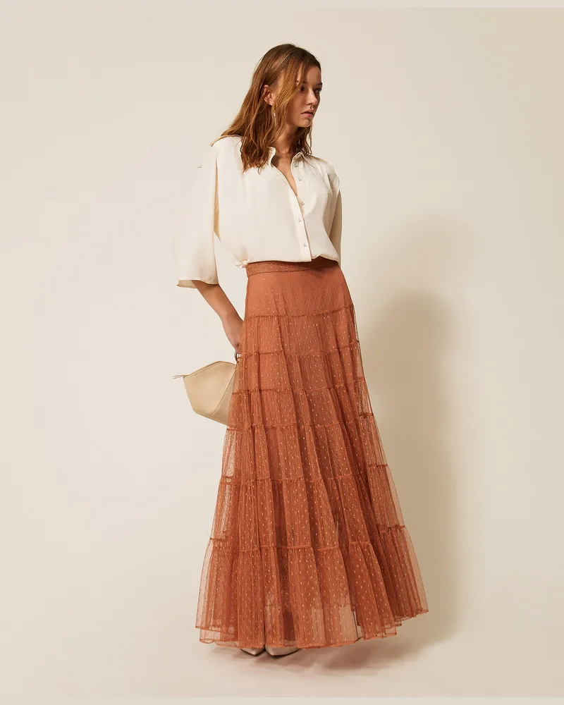 Twin-Set Röcke - Maxirock aus Plumetis-Tüll, „Mocha Mousse"-Braun, Größe „mocha