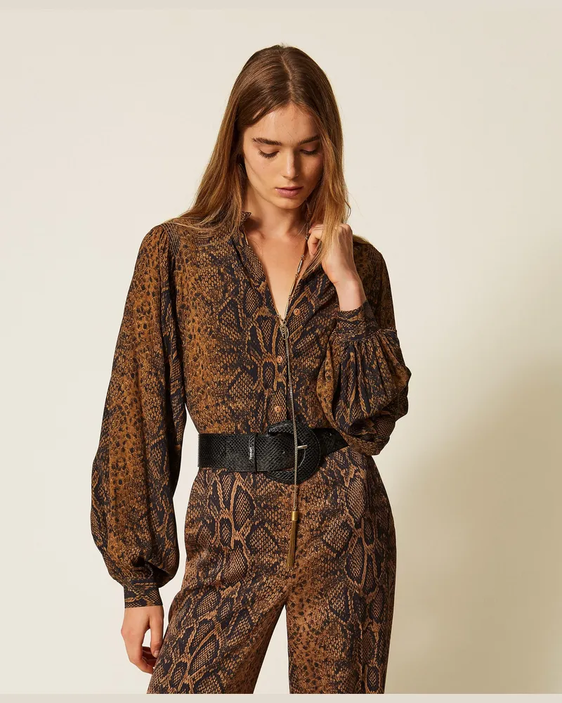 Twin-Set Hemdbluse aus Crêpe de Chine mit Pythonprint, Damen, Pythonprint "Nut"-Braun / Black Pythonprint