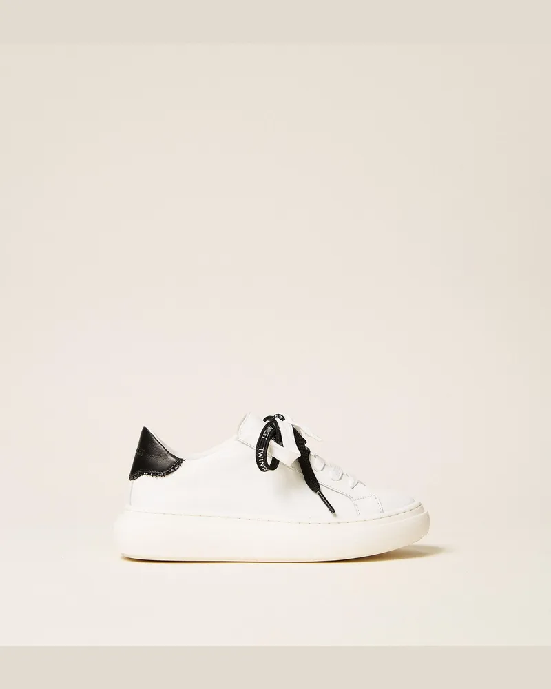 Twin-Set Sneaker aus Leder mit Logo, Damen, Zweifarbig Off White / Schwarz Zweifarbig