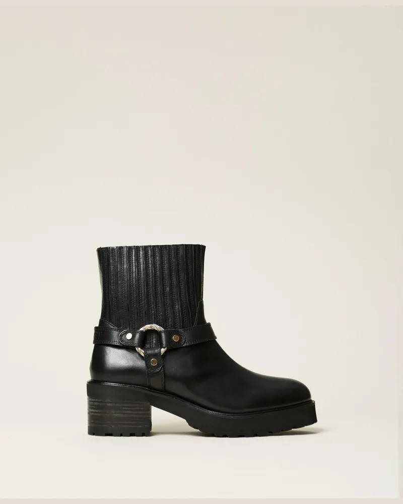 Twin-Set Bikerstiefelette aus Leder mit Ring Schwarz