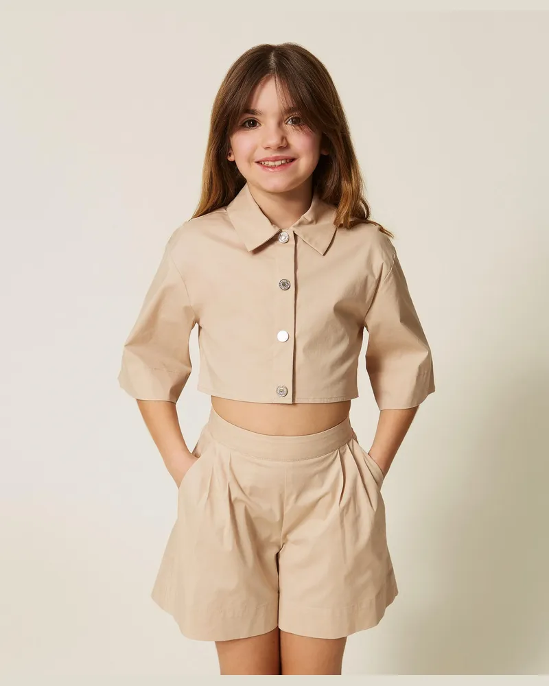 Twin-Set Hemden - Cropped-Hemdbluse und Bermuda-Shorts aus Popeline, Safaribeige, Baumwolle, Größe Safaribeige