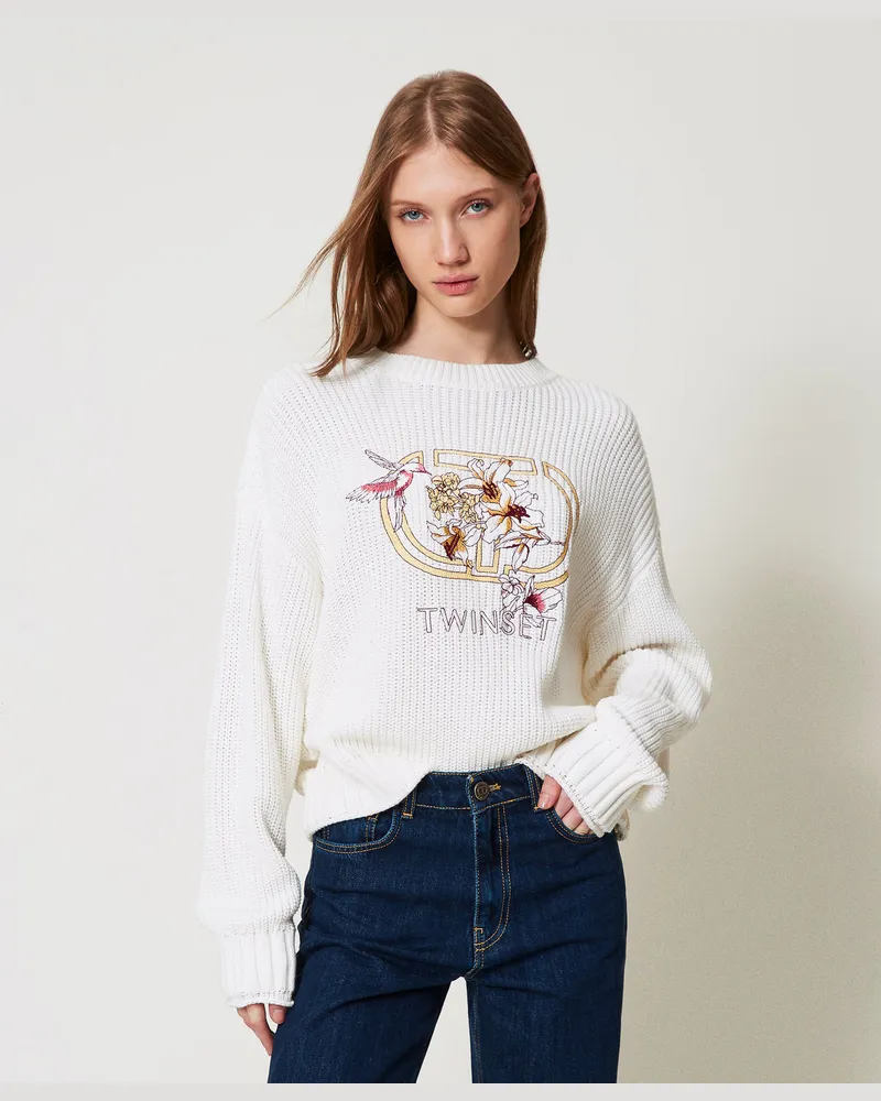 Twin-Set Pullover mit Oval T und Stickerei, Perlmutt, Baumwolle, Größe: XXL 
