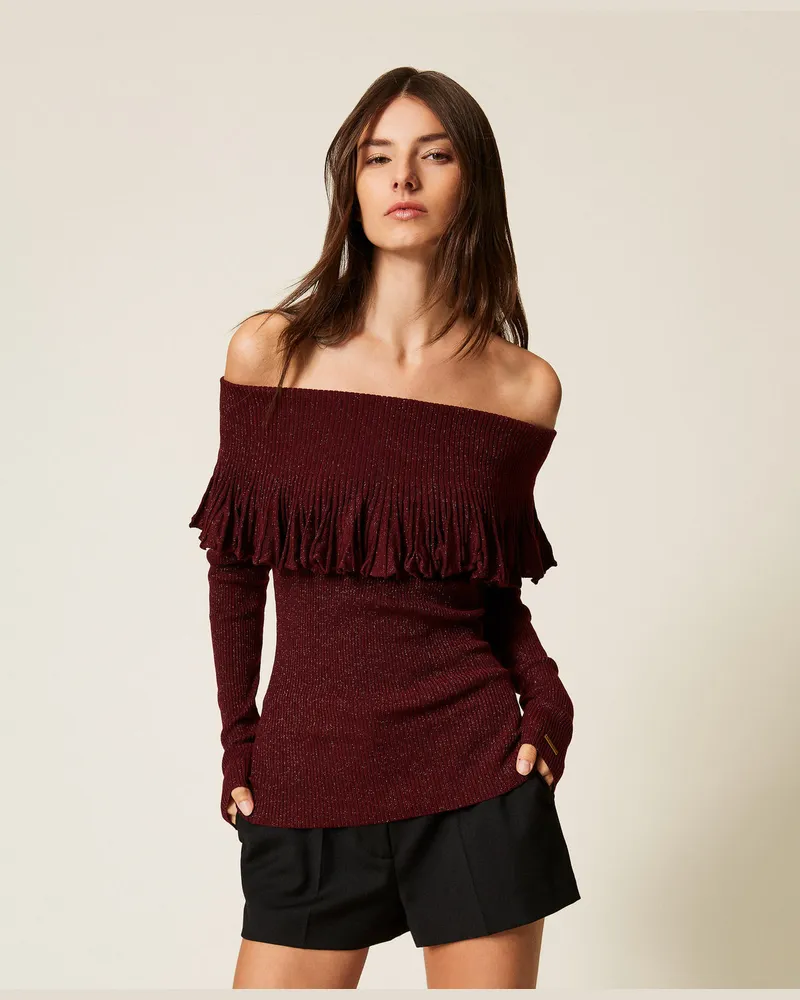 Twin-Set Off-Shoulder-Pullover mit Volant, Red Wine Lurex, Größe Red