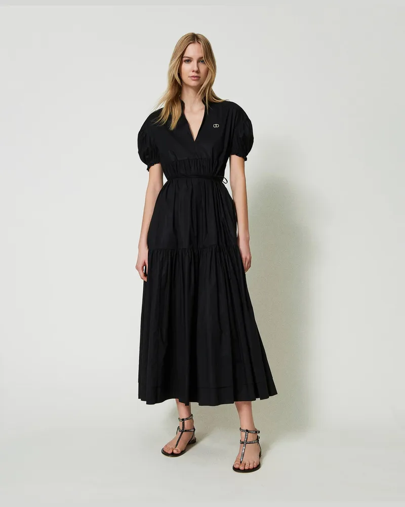 Twin-Set Kleider - Maxikleid aus Popeline mit Oval T, Schwarz, Baumwolle, Größe Schwarz