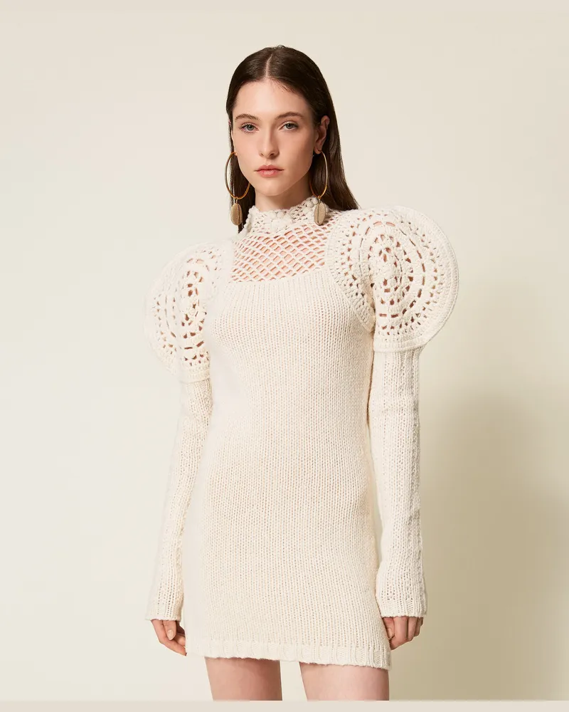 Twin-Set Kleider - Kurzes Kleid aus Wollstrick im Häkel-Design, Weiß Schnee, Wolle, Größe Weiß