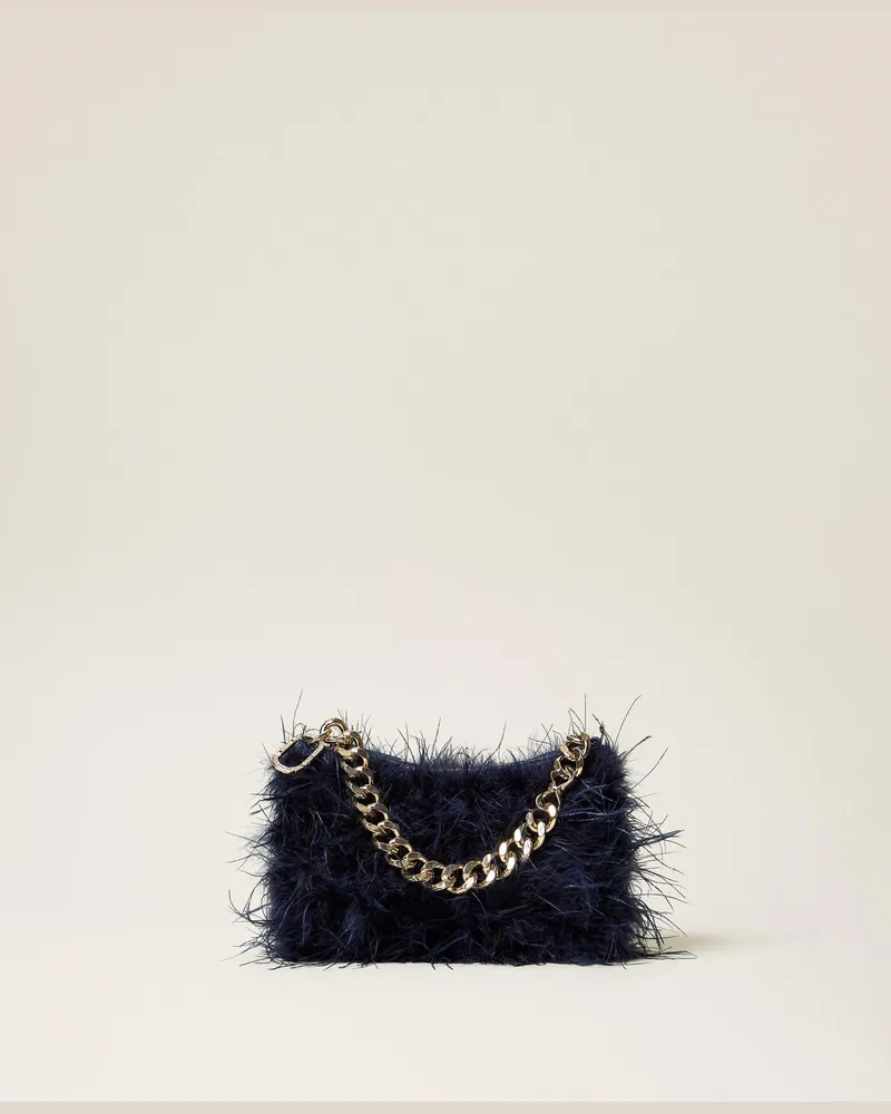 Twin-Set Liliane Tasche aus Satin mit Federn, Damen, Indigoblau Indigoblau