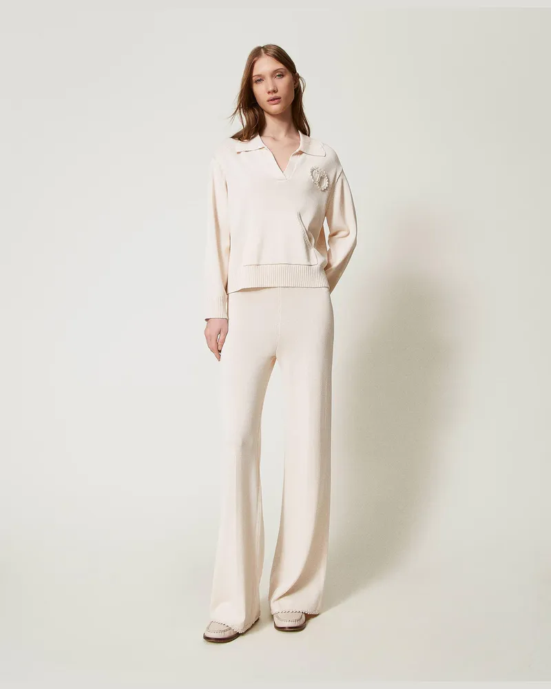 Twin-Set Hosen - Strickhose aus Baumwollmischung, Light Natural, Größe Light
