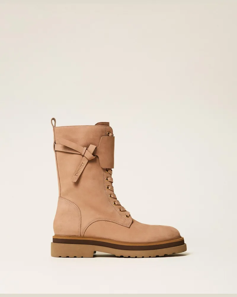 Twin-Set Schnürstiefelette aus Leder mit Einsatz, Damen, Nougat Beige Nougat