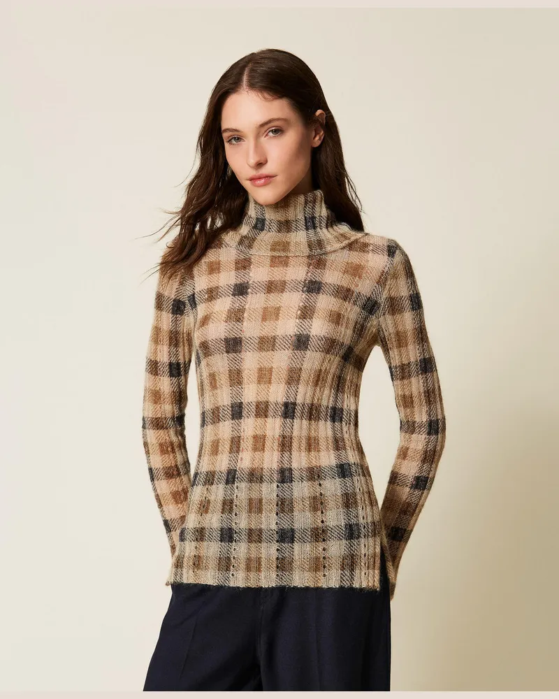 Twin-Set Pullover aus Mohairmischung mit Print, Print Check Kamelbraun / Schwarz, Kariert, Größe: XXL 