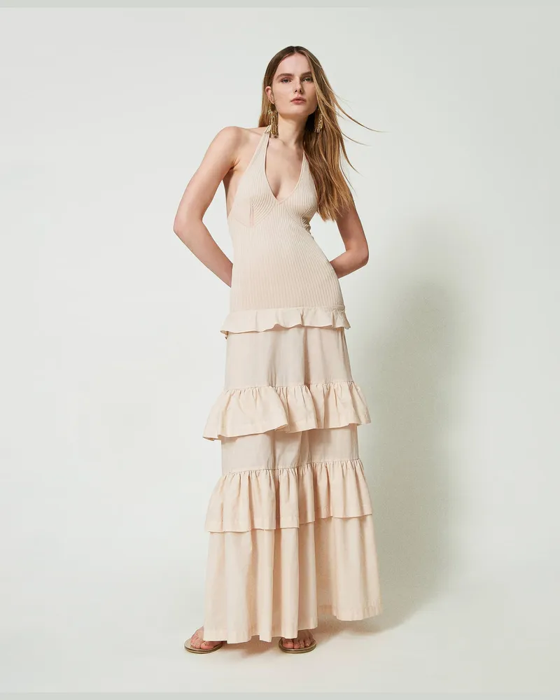 Twin-Set Kleider - Maxikleid aus Gestrick und Musselin, Helles „Ginger Root"-Beige, Größe Helles