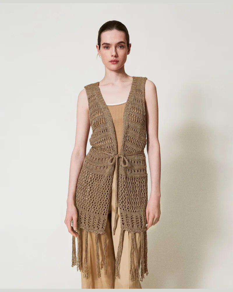 Twin-Set Cardigans - Lurex-Strickweste mit Lochmuster, "Rope"-Beige, Einheitsgröße 