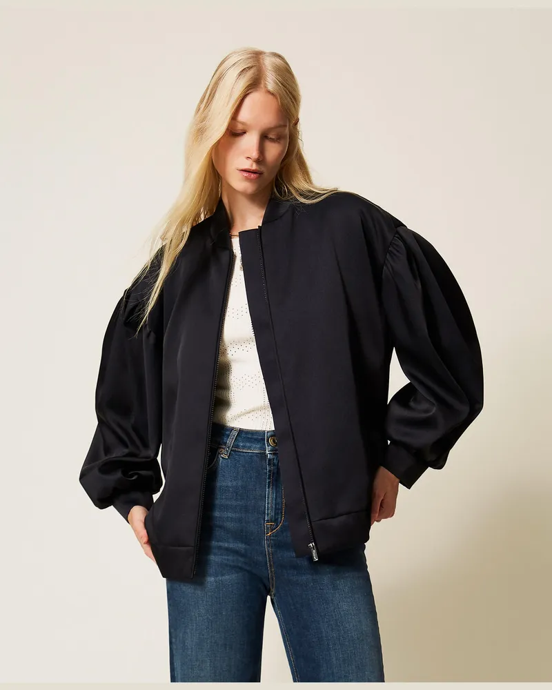 Twin-Set Jacken und Outerwear - Bomberjacke aus Duchesse mit Kräuselung, Schwarz, Größe Schwarz