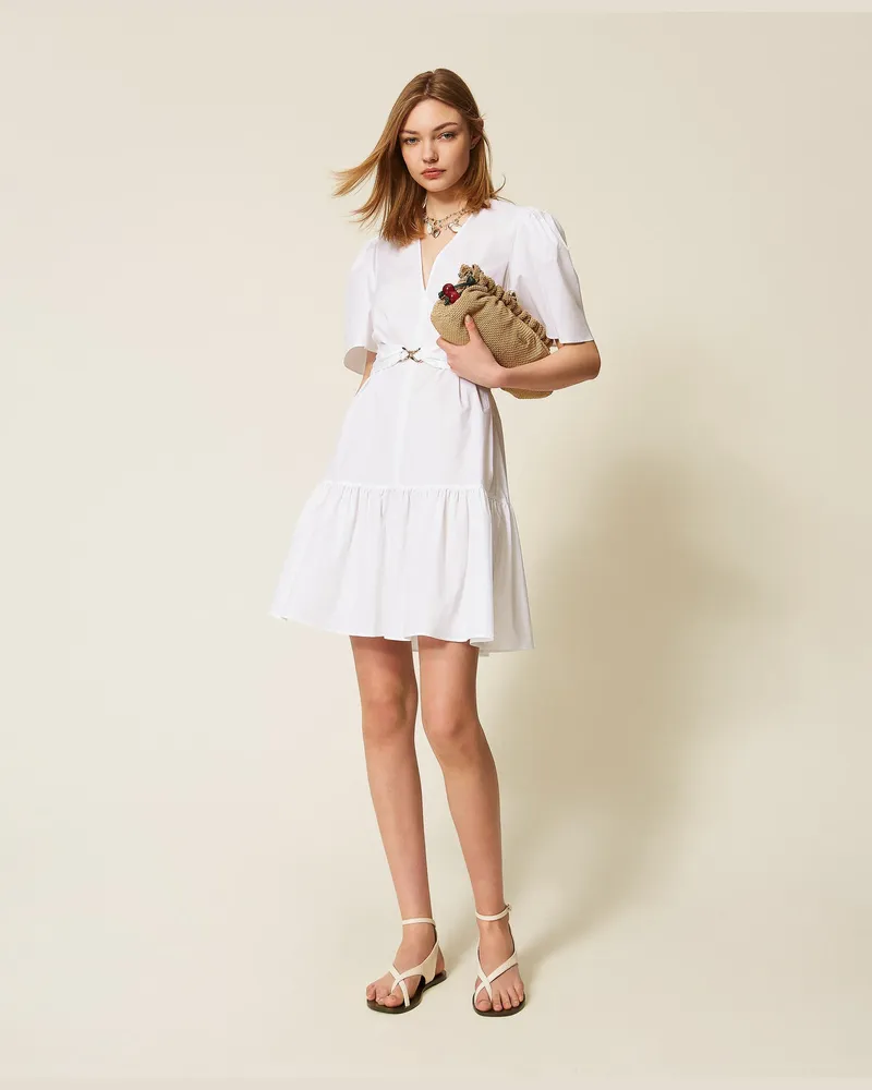 Twin-Set Kleider - Kurzes Kleid aus Popeline mit Logo-Gürtel, Weiß, Baumwolle, Größe Weiß