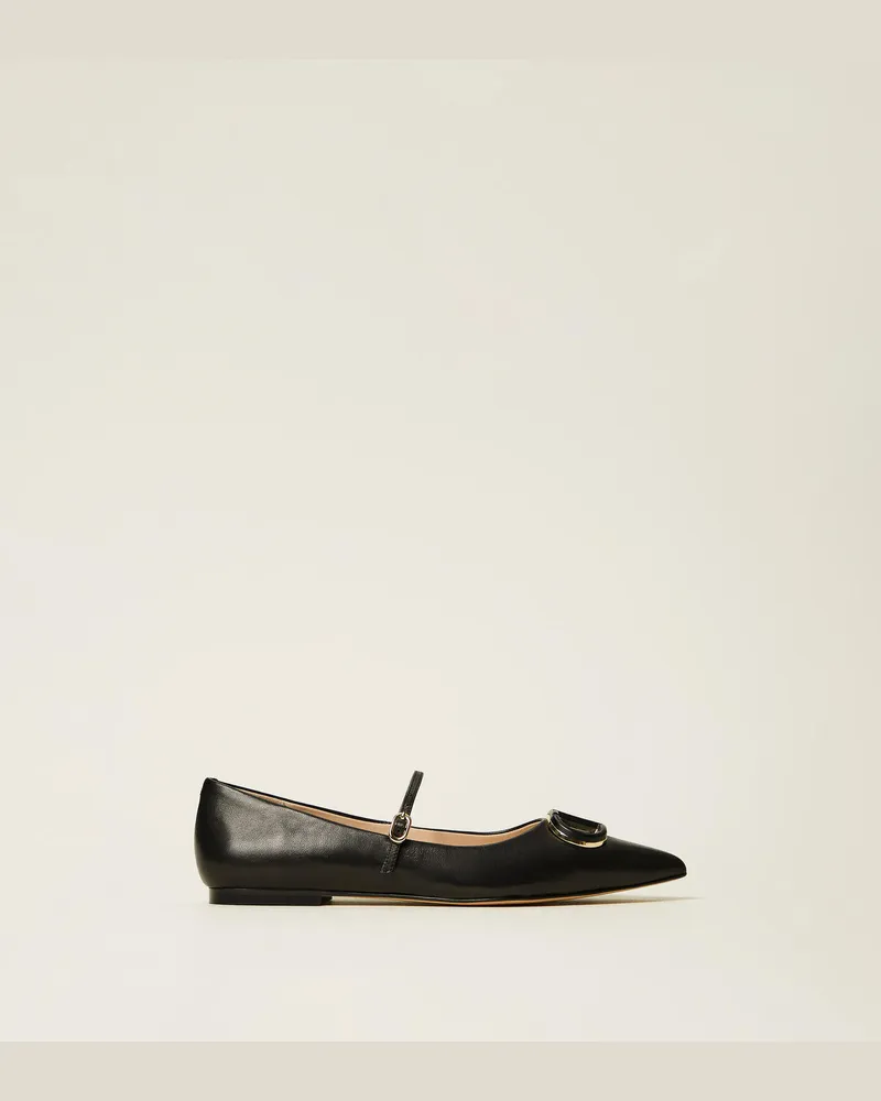 Twin-Set Schuhe - Lederballerina mit Oval T, Schwarz, Größe Schwarz