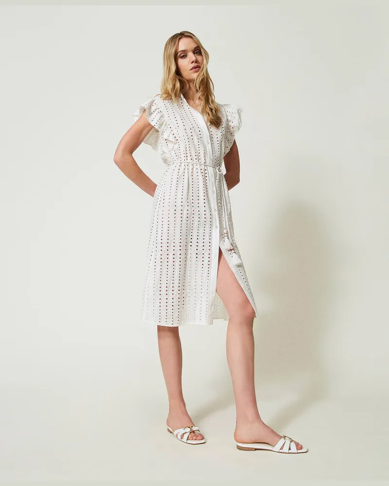 Twin-Set Bademode - Hemdblusenkaftan mit Lochstickereien und Volants, Star White, Baumwolle, Größe: M 