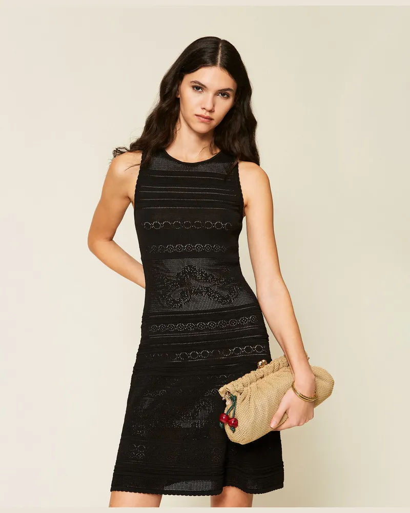 Twin-Set Kleider - Kurzes Strickkleid mit Blumenmuster, Schwarz, Größe Schwarz