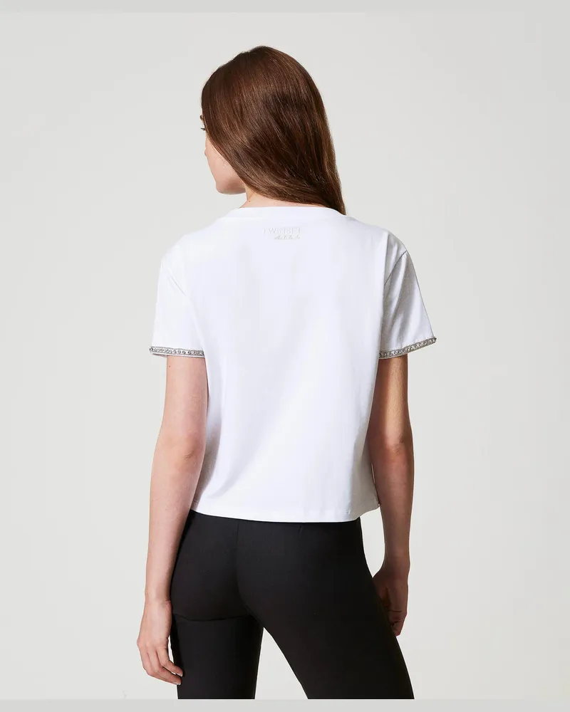 Actitude by Twinset T-Shirts - T-Shirt im Kastenschnitt mit Handstickerei, "Papers"-Weiß, Strass, Größe: M 