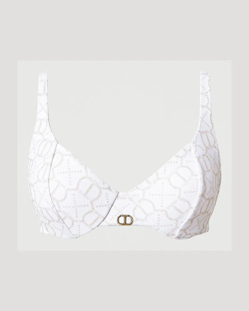 Twin-Set Bademode - Jacquard-Bügel-Bikinitop mit Oval T-Logo, Jacquard Print White / Lime Gold, Größe: 2-B 