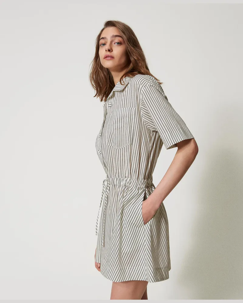 Twin-Set Kleider - Kurzes Kleid aus gestreiftem Popeline, Zweifarbig Elfenbein / Schwarz, Größe Zweifarbig