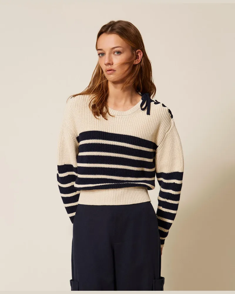 Twin-Set Boxy-Pullover mit Streifen-Dessin, Streifen Elfenbein/Nachtblau Hell, Gestreift, Größe Streifen