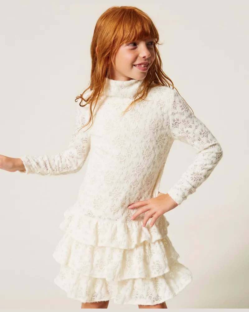 Twin-Set Kurzes Kleid aus Spitze mit Rüschen, Damen, Weiß Schnee Weiß