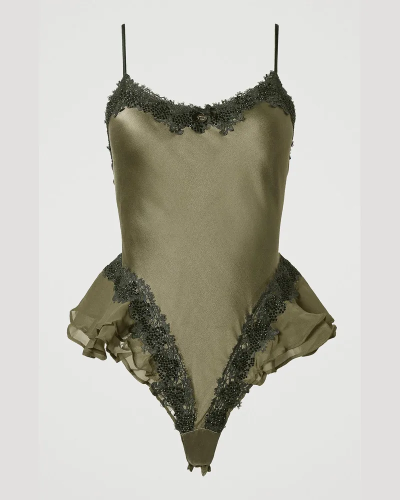 Twin-Set Unterwäsche - Seidenbody mit Makramee und Strass, Zweifarbig Moosgrün / Blackout, Größe: S 