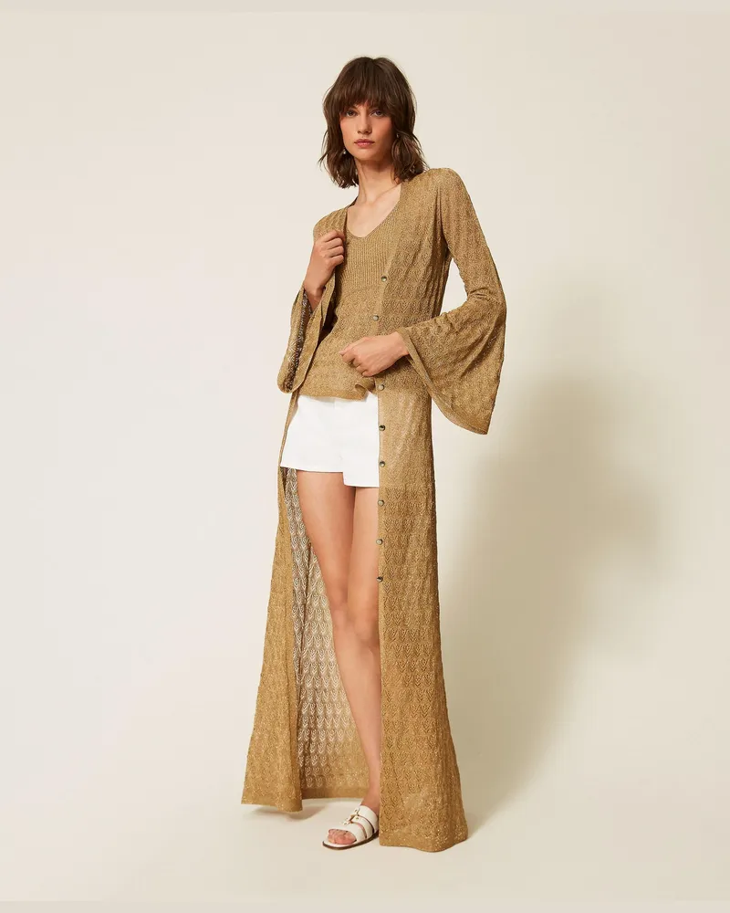 Twin-Set Langer Strick-Cardigan mit ausgestellten Ärmeln, Damen, Golden Green Lurex Golden