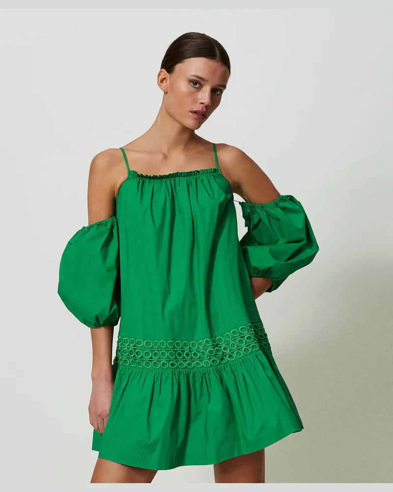 Actitude by Twinset Kleider - Kurzes Popelinekleid mit Ballonärmeln, Farngrün, Baumwolle, Größe Farngrün