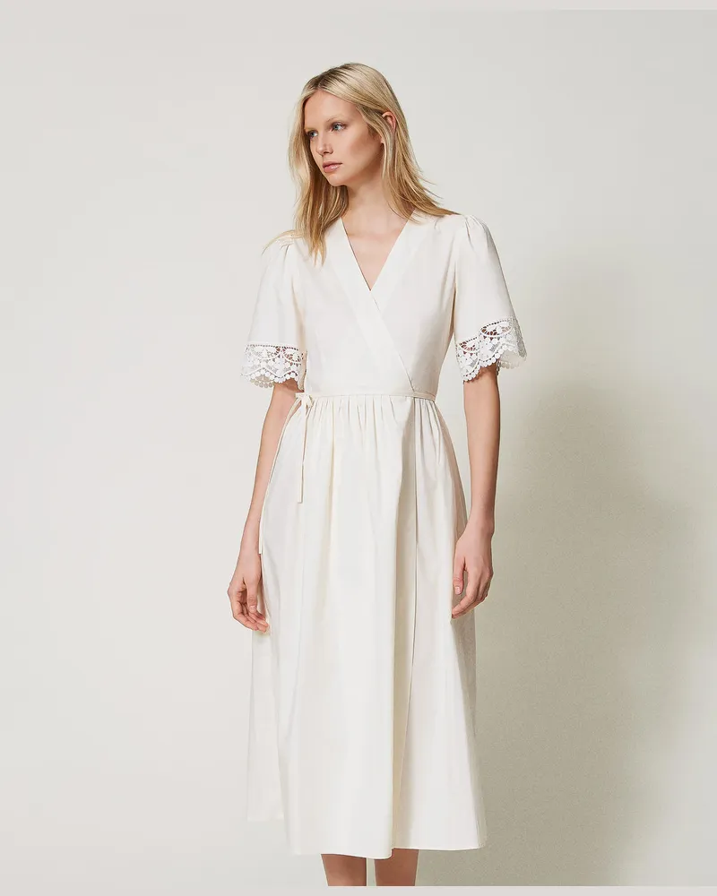 Twin-Set Kleider - Midikleid aus Popeline mit Spitze, Weiß Schnee, Größe Weiß