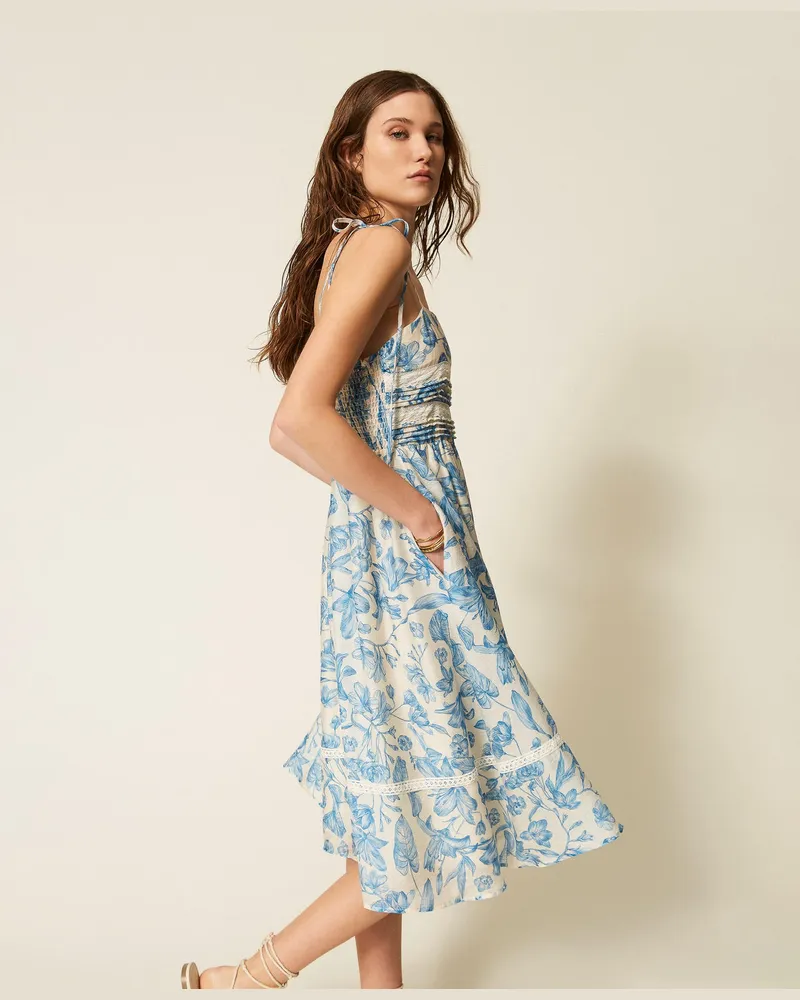 Twin-Set Kleider - Kurzes Kleid mit Blumendessin und Spitze, Print Toile De Jouy Off White/Blu Med, Größe Print