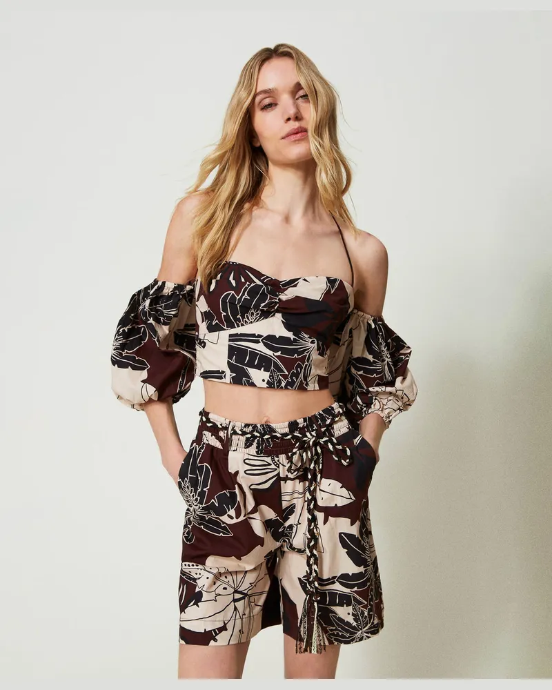 Twin-Set Bademode - Shorts aus bedrucktem Popeline, Print Exotic „Bitter Chocolate"-Braun, Mit Blumen, Größe: L 