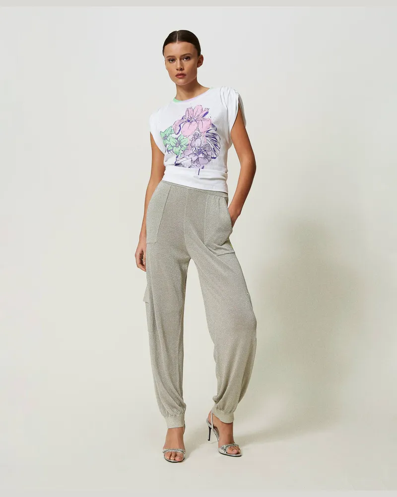 Actitude by Twinset Hosen - MYFO Cargohose aus Lurex-Mesh, Lurex Platin, Größe Lurex