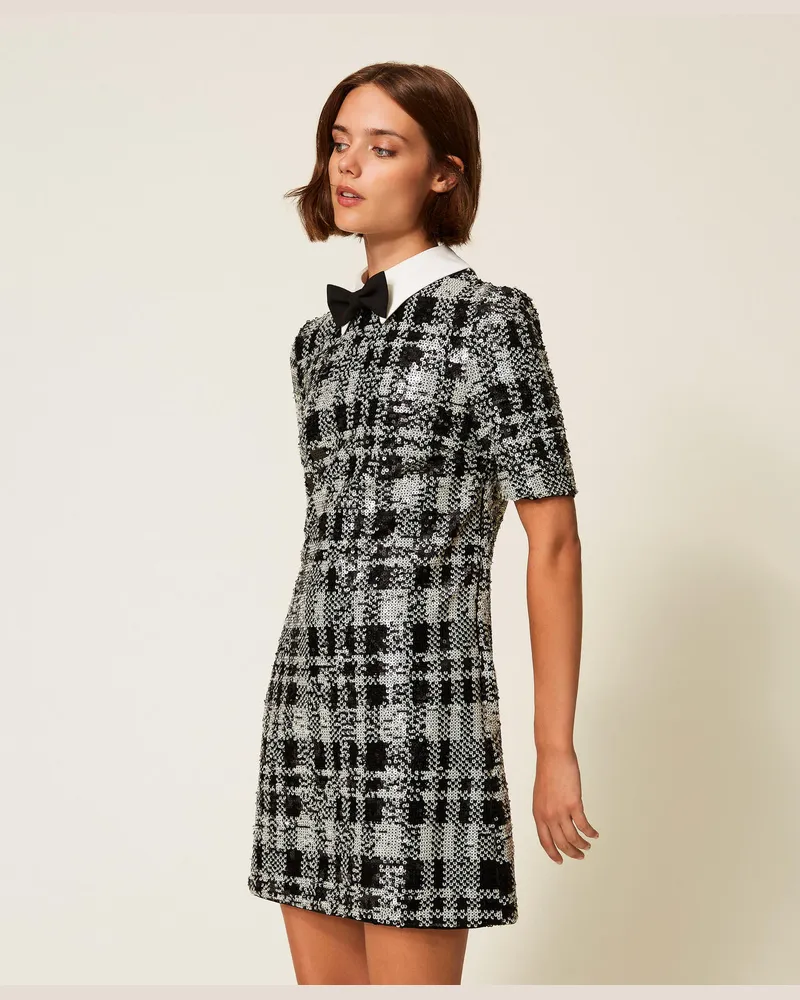 Actitude by Twinset Kleider - Kurzes Paillettenkleid mit Karomuster, B & W Sequins Check, Kariert, Größe B&w