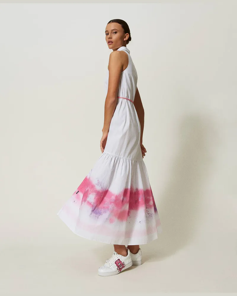 Actitude by Twinset Kleider - MYFO Maxikleid aus bedrucktem Popeline, Zweifarbig „Papers"-Weiß / Print Shaded, Baumwolle, Größe Zweifarbig