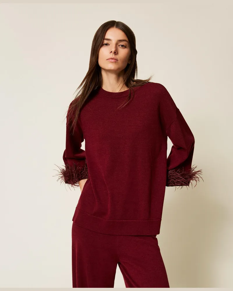 Twin-Set Pullover aus Wollmischung mit Federn, Red Wine, Größe Red