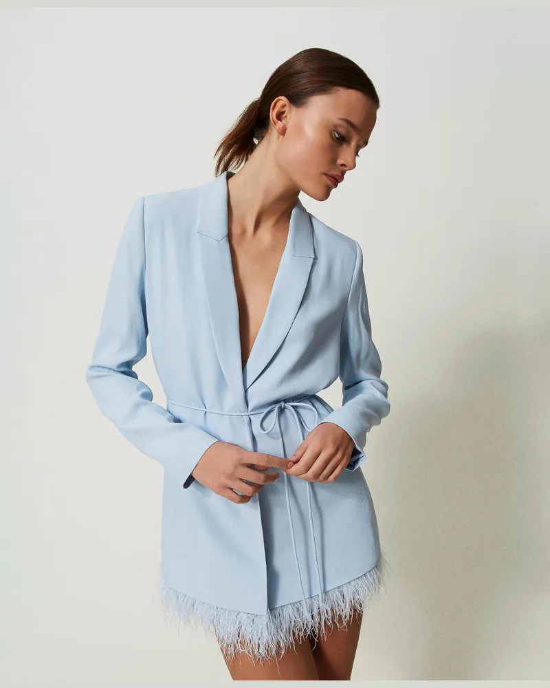 Twin-Set Jacken und Outerwear - Blazer aus Satin mit Federn, „Blue Tear"-Azur, Größe „blue
