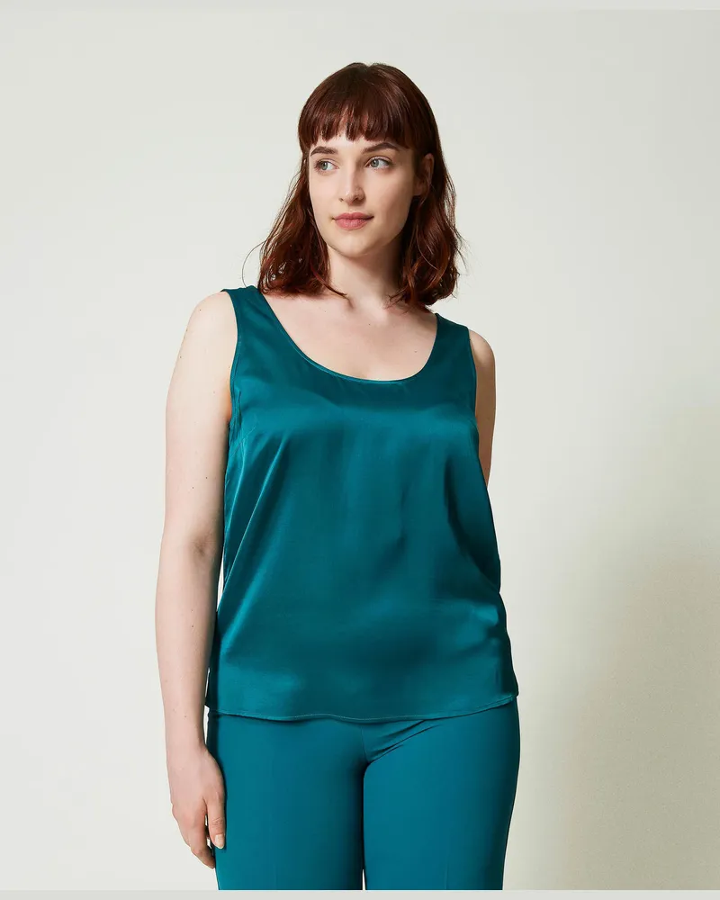 Twin-Set Tops - Satintop mit breiten Trägern, Hellblau Mineralgrün, Größe: 50 