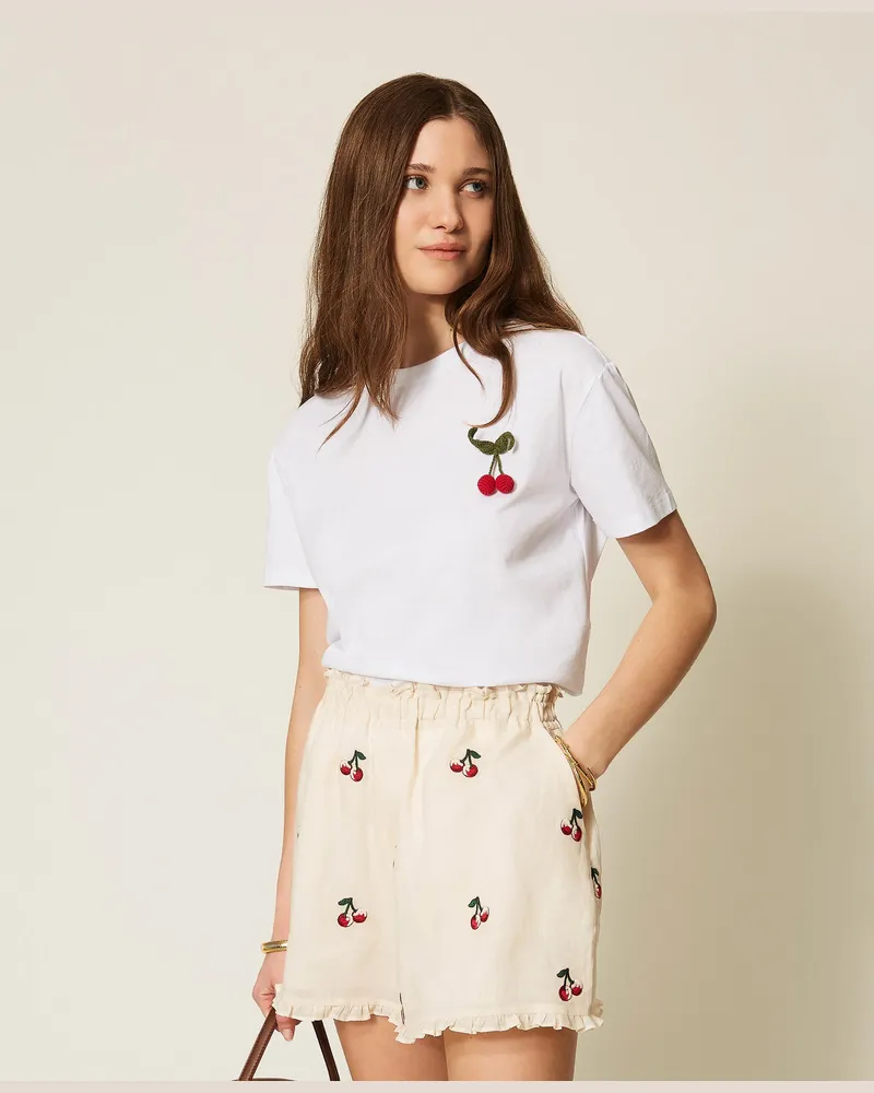 Twin-Set T-Shirts - T-Shirt in Regular-Fit mit Häkelbrosche, Weiß, Baumwolle, Größe Weiß