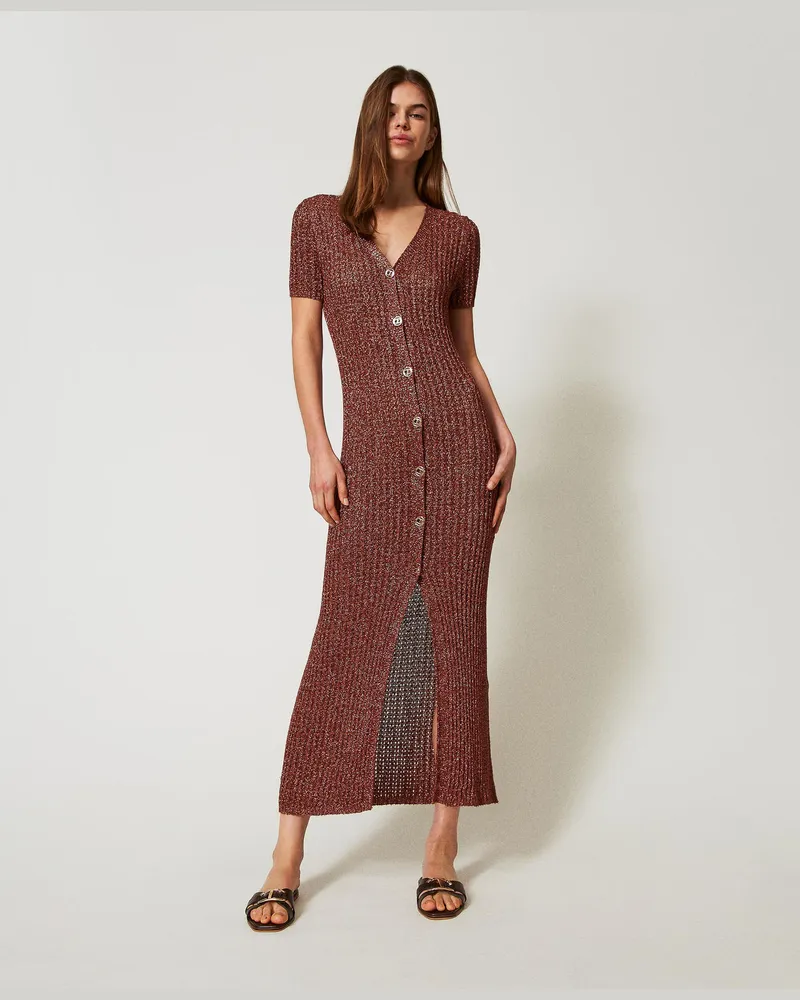 Twin-Set Kleider - Maxi-Cardigankleid aus Gestrick mit Lurex, Amber Brown Lurex, Größe Amber