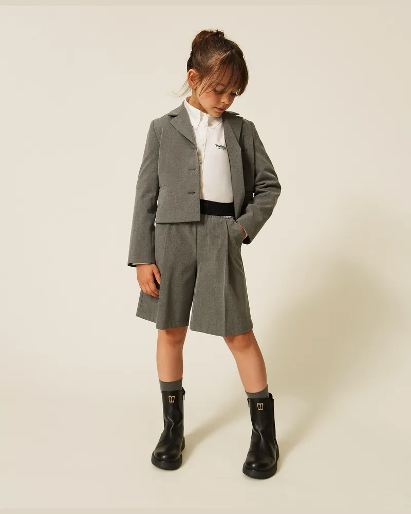 Twin-Set Bermudashorts aus Flanell mit Falten, Damen, Mittelgrau-Melange Mittelgrau-melange