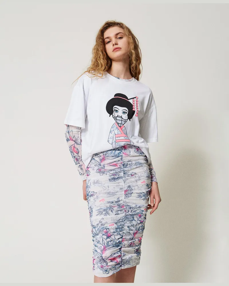 Actitude by Twinset Röcke - MYFO Midirock mit Raffmotiv, Japanese Toile De Jouy, Mit Blumen, Größe: XXS 