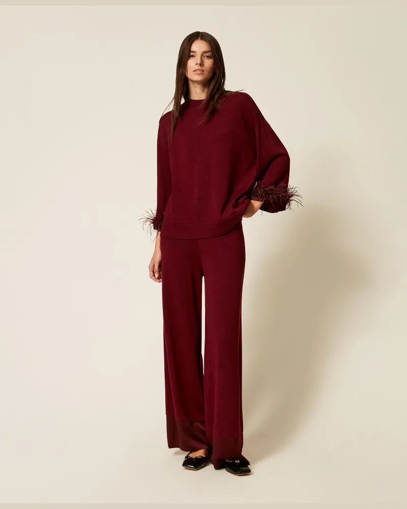 Twin-Set Hosen - Hose aus Wollmischung mit Satin, Red Wine, Größe Red
