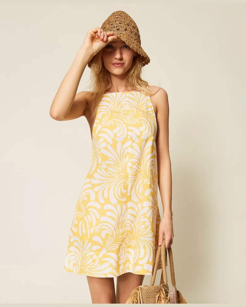 Twin-Set Kleider - Kurzes Kleid aus bedrucktem Popeline, Print Botanical-Gelb „Corn Cream"/Vanilleweiß, Baumwolle, Größe Print