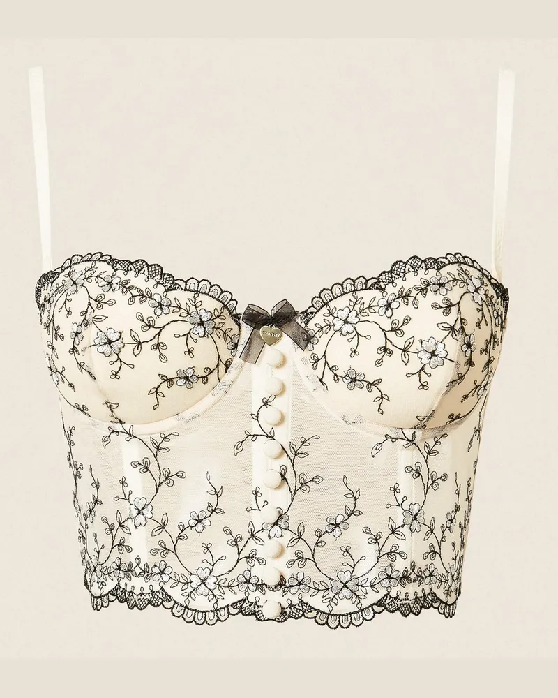 Twin-Set Bustier aus besticktem Tüll, Damen, Stickerei Perlmutt / Schwarz Stickerei