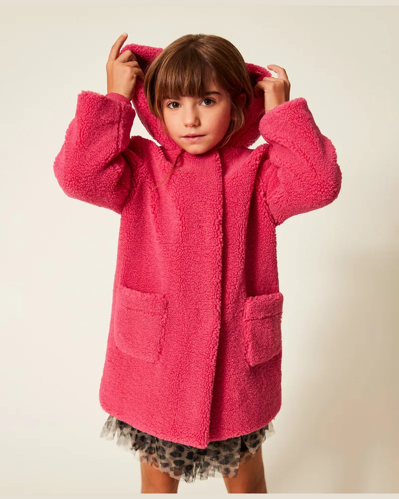 Twin-Set Jacken und Outerwear - Mädchenmantel aus Teddystoff mit Schleifen, Rosa Candy Rose, Größe Rosa