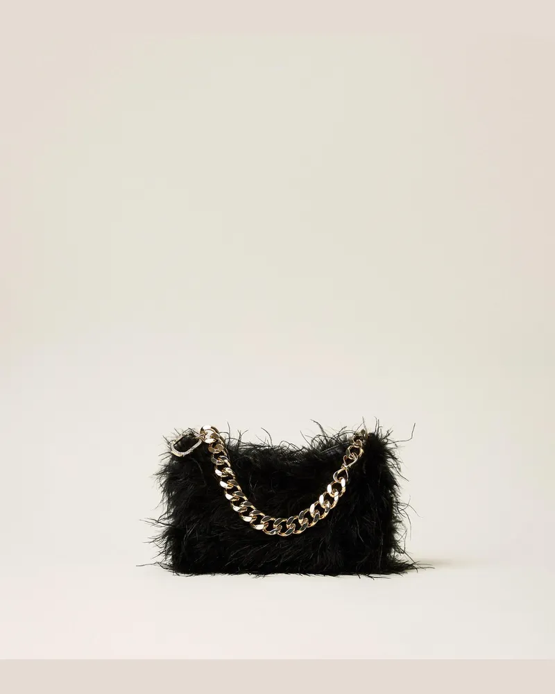 Twin-Set Liliane Tasche aus Satin mit Federn, Damen, Schwarz Schwarz