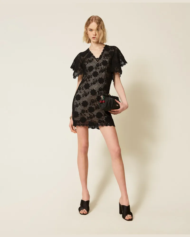 Twin-Set Kleider - Kurzes Strickkleid mit floralem Motiv, Schwarz, Mit Blumen, Größe Schwarz