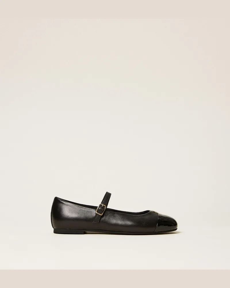 Twin-Set Ballerinas aus Leder mit Logo und Riemchen, Damen, Schwarz Schwarz