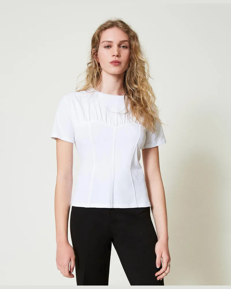 Twin-Set T-Shirts - T-Shirt im Regular-Fit mit Mieder-Design, Weiß, Baumwolle, Größe: XXS 